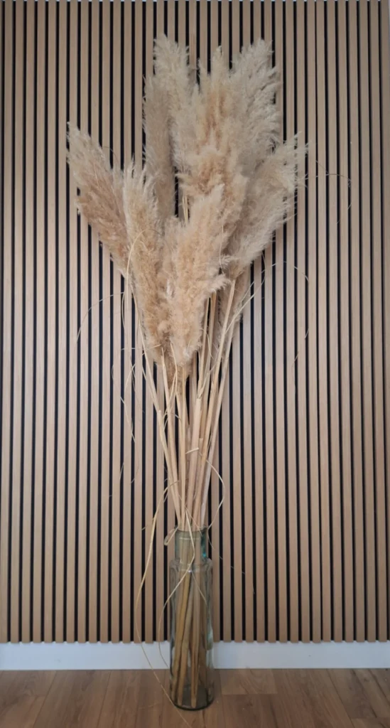 Vase de pampas devant une paroi en bois dans le cabinet de psychanalyse à Savenay