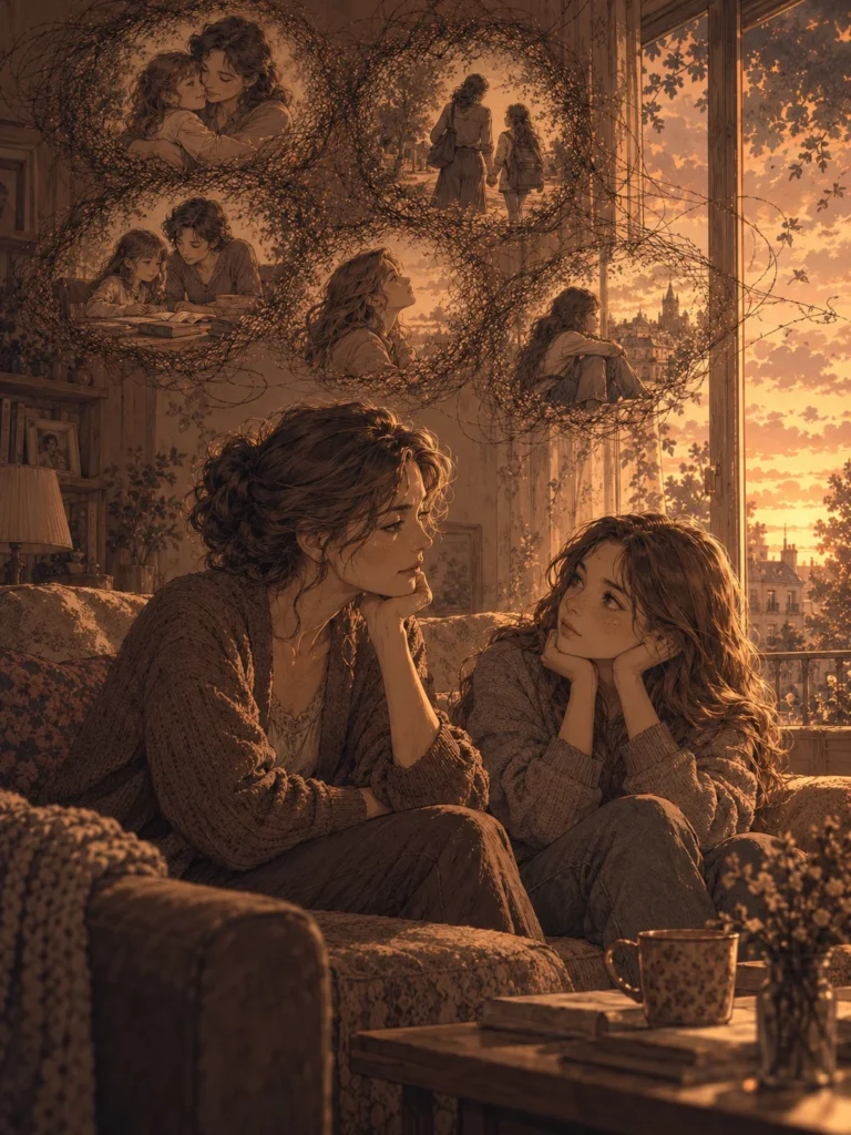 Illustration manga d’une mère et de sa fille échangeant près d’une fenêtre, entourées de souvenirs familiaux.